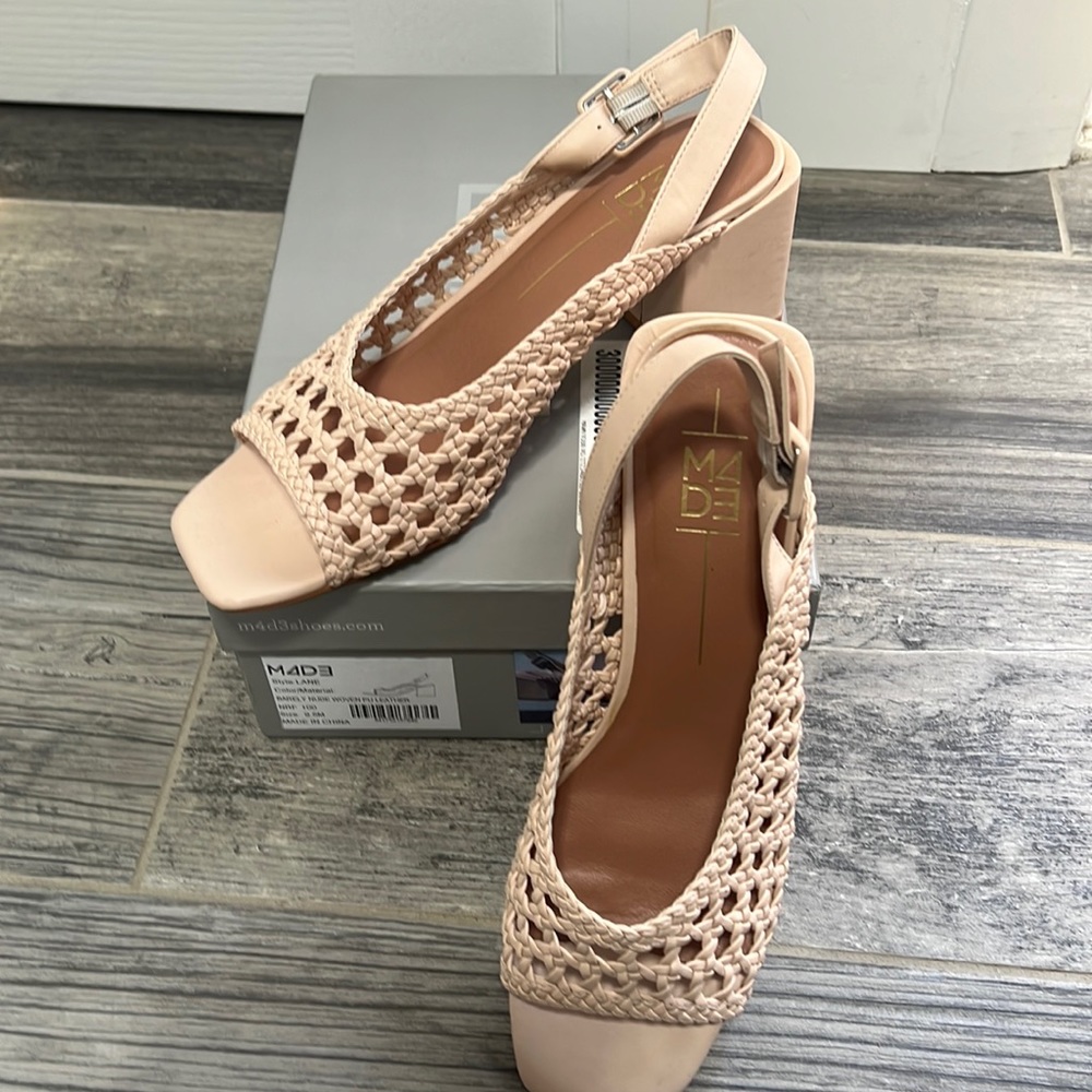 M4DE woven leather nude block heel sandals, size 9.5